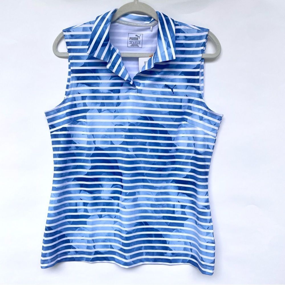 NWT PUMA Sleeveless Golf Polo Top Blue Striped Floral L